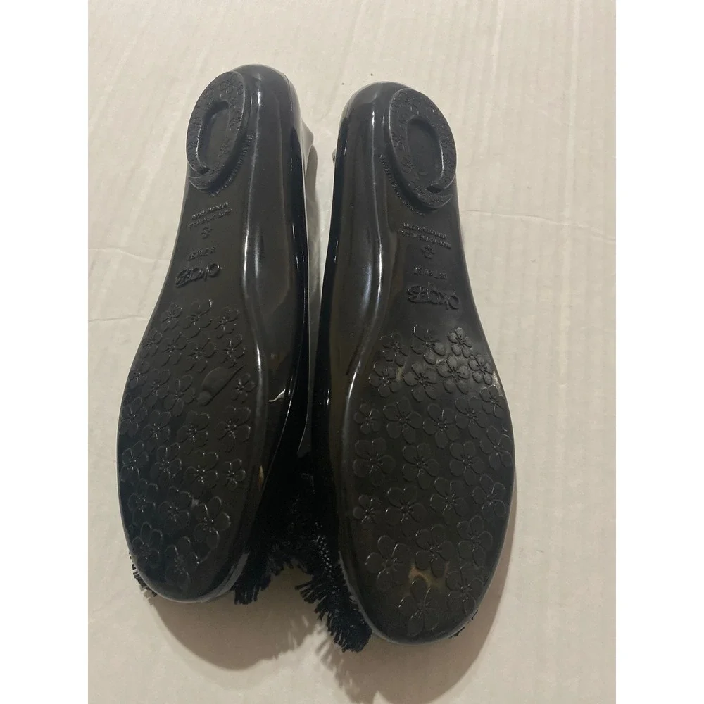 Oka-B Black Jelly Ballet Flats Fringe Bow Waterproof Slip On Women's Size 7